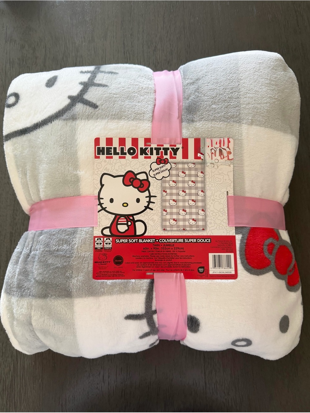 Hello Kitty Plush Throw Blanket in Pink, Gray & White